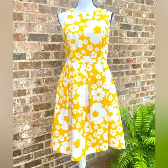 Carmen Marc Valvo | Dresses | Luxe By Carmen Marc Valvo Yellow Floral  Pleated Fit Flare Dress Size 8 Pockets | Poshmark